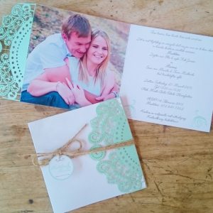 Full colour printed invites with lasercut detail